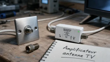 Amplificateur antenne tv intérieur sur table, prise coaxiale murale
