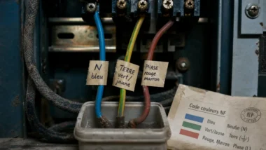 Cable electrique couleur : bleu neutre, vert/jaune terre, phase marron/noir