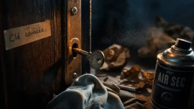 Clé bloqué dans la serrure, cylindre partiellement visible, clé coincée