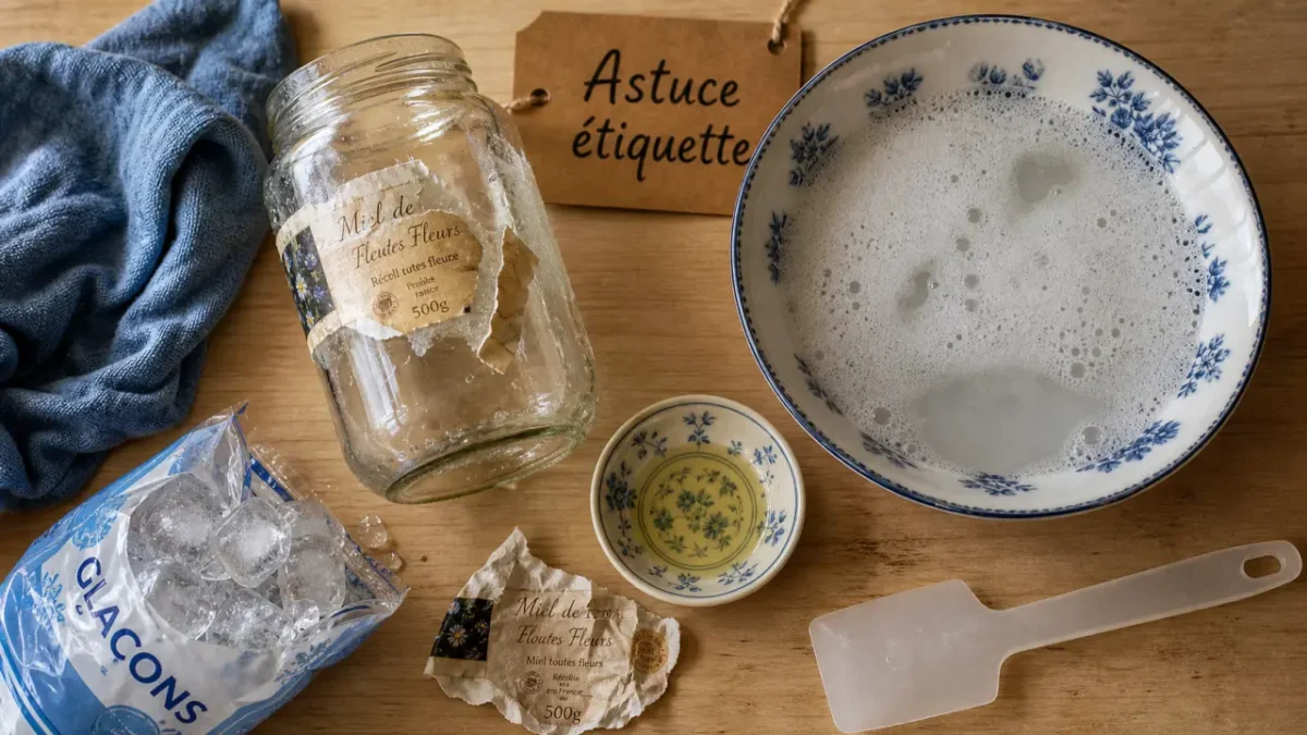Comment décoller une étiquette sans trace, eau chaude savonneuse et huile végétale