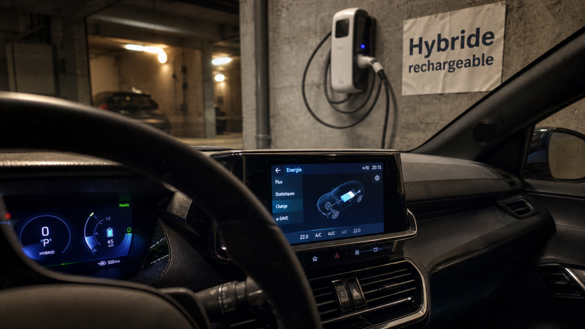 Comment se recharge une voiture hybride : tableau de bord et câble de borne