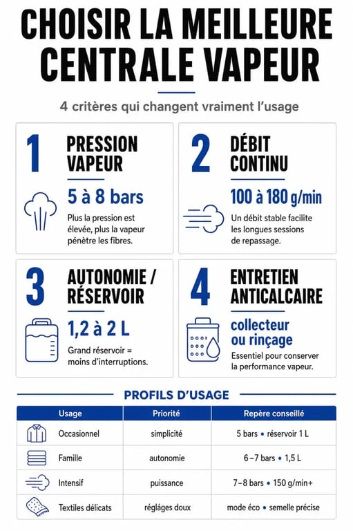 Infographie sur la meilleure centrale vapeur avec comparaison des critères essentiels