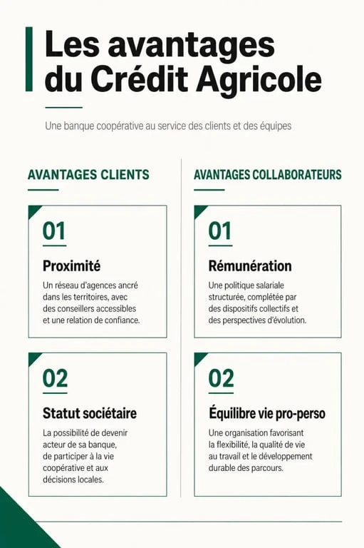 Infographie récapitulative des avantages Crédit Agricole pour les clients et les collaborateurs
