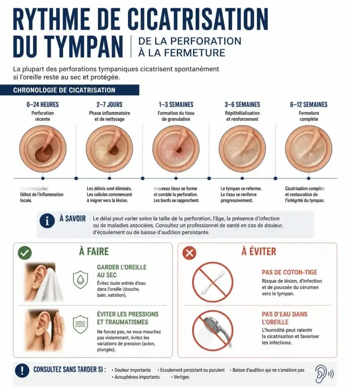 Infographie sur la récupération de l'audition après un tympan percé et conseils de soins