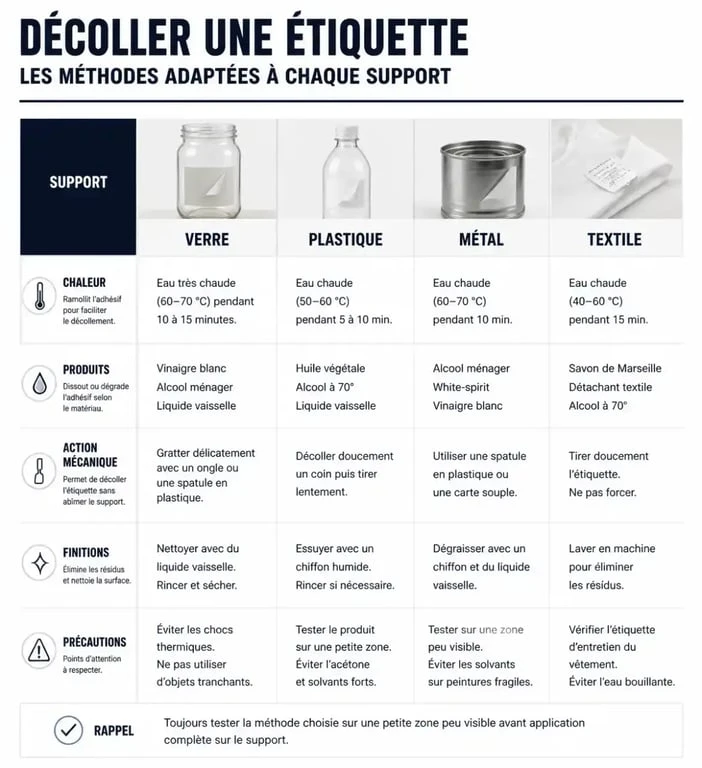 Infographie récapitulative des méthodes pour comment décoller une étiquette sur différents supports