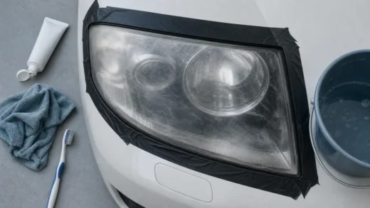 Nettoyer phare de voiture avec dentifrice : phare terni, microfibre et eau