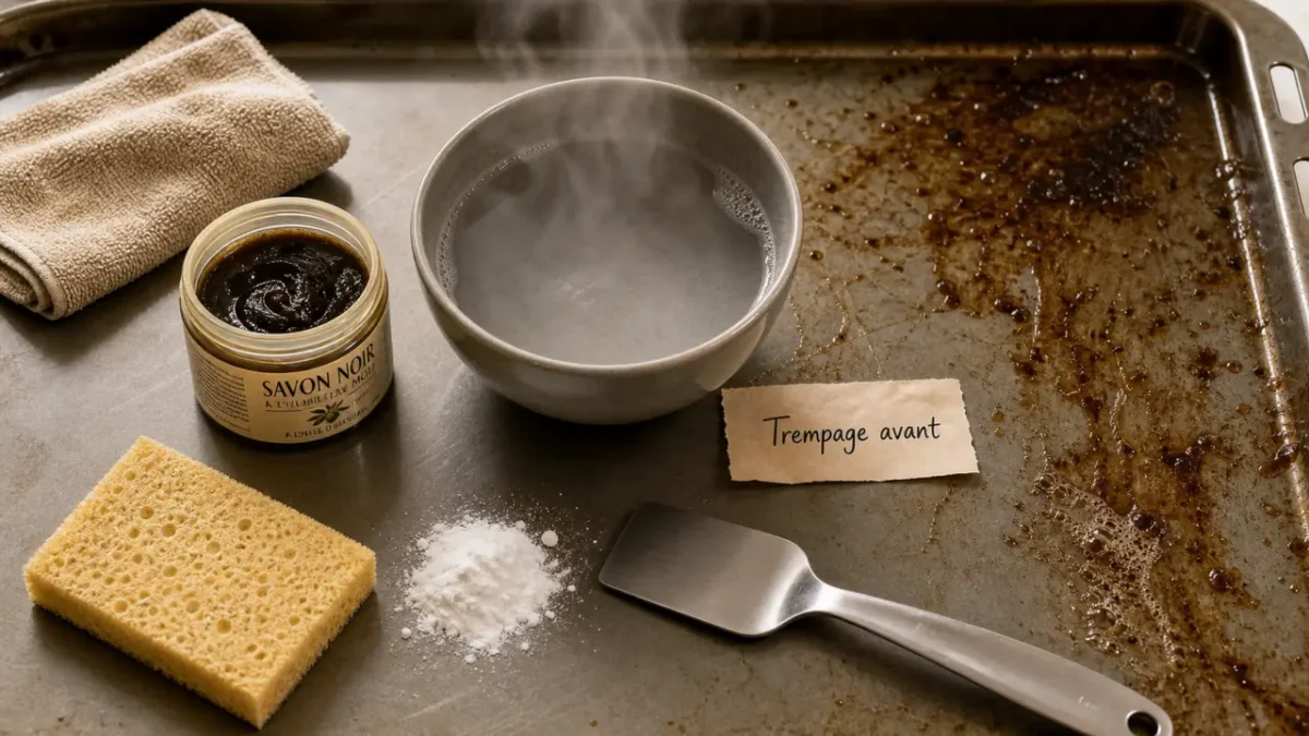 Nettoyer plaque four : savon noir et bicarbonate sur éponge et plaque encrassée