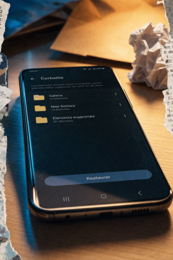 Où se trouve la corbeille sur un telephone portable : dossiers “Galerie” et “Mes fichiers” sur l’écran Android