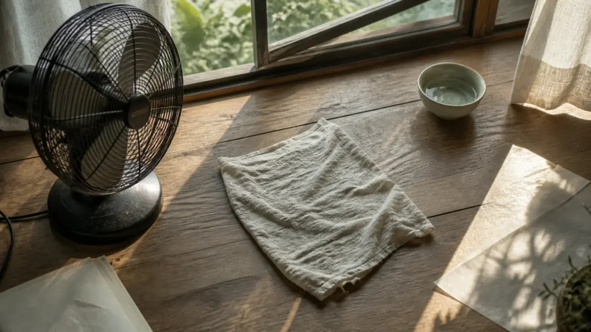 Comment rafraîchir une pièce avec un ventilateur : linge humide devant le flux