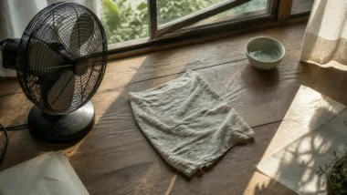 Comment rafraîchir une pièce avec un ventilateur : linge humide devant le flux