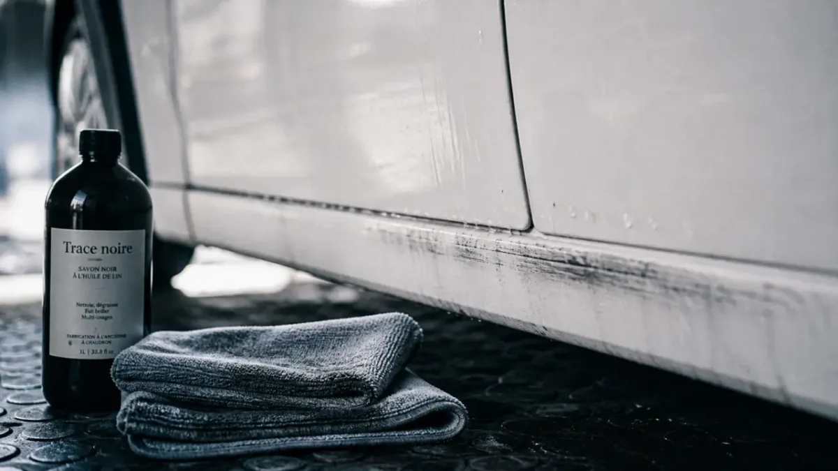 Trace noire à enlever sur carrosserie blanche : savon noir, microfibre et transfert bitumineux.