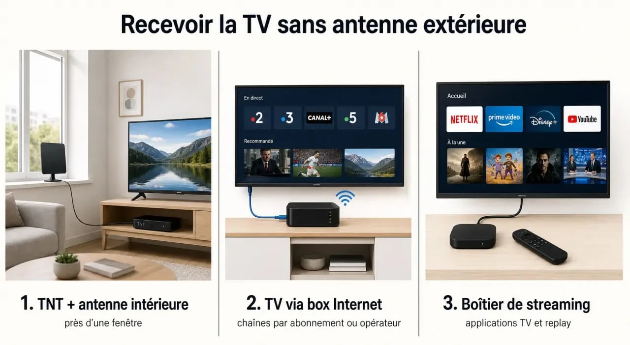 Boîtier tnt sans antenne : illustration des solutions avec antenne intérieure et TV connectée