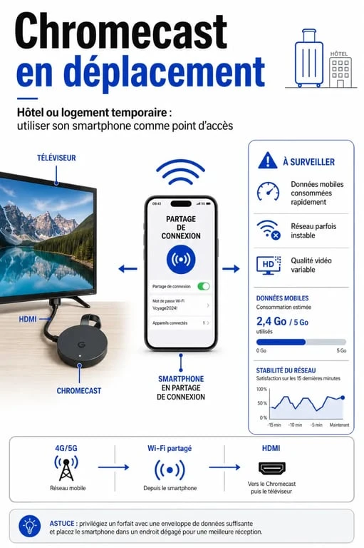 Chromecast sans Wi-Fi, trois solutions vraiment utiles : hotspot, Ethernet et mode invité 3 Comment connecter chromecast sans wifi en voyage avec hotspot mobile et télévision