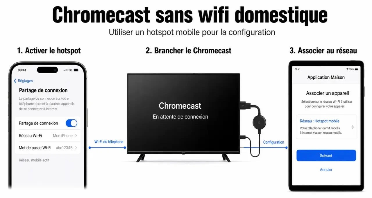 Chromecast sans Wi-Fi, trois solutions vraiment utiles : hotspot, Ethernet et mode invité 4 Comment connecter chromecast sans wifi avec hotspot mobile et Google Home