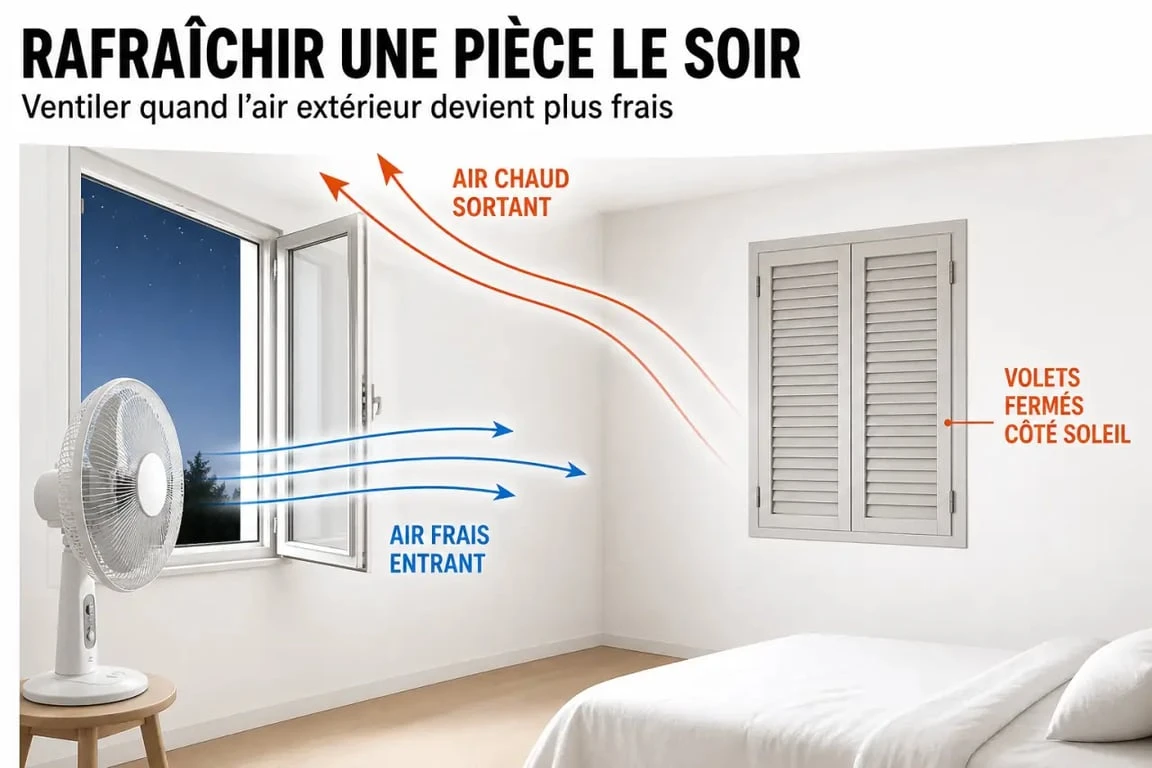 Comment rafraîchir une pièce avec un ventilateur : schéma d’un courant d’air efficace près d’une fenêtre ouverte