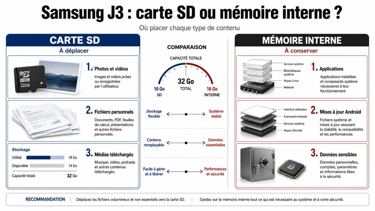 Comment définir la carte SD comme stockage par défaut Samsung J3 : infographie des éléments transférables et non transférables