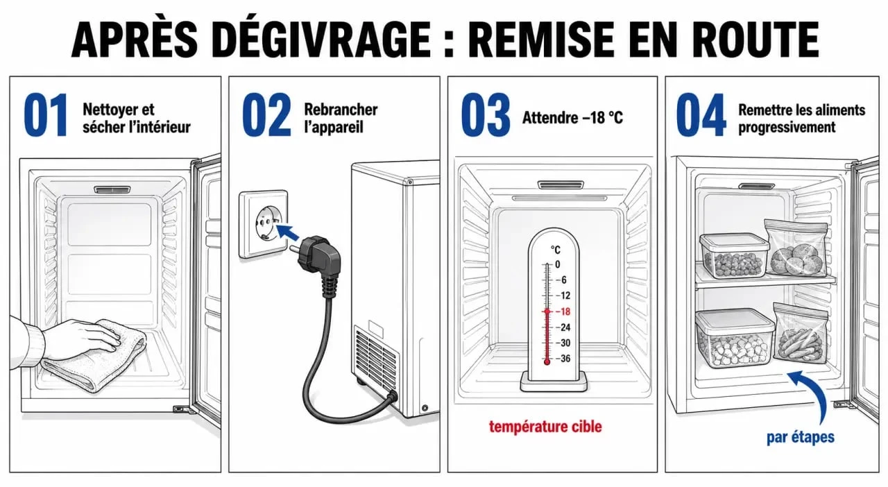 Après un dégivrage, attendez 3 à 6 heures avant de remplir le congélateur 2 Combien de temps avant de remplir un congélateur après dégivrage : schéma des étapes de redémarrage et de remise en charge