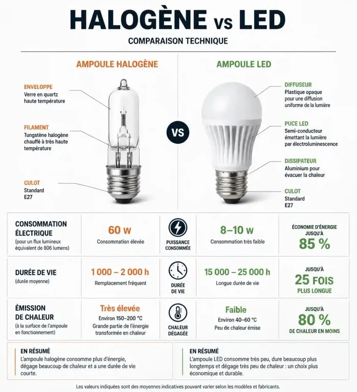 Comparatif technique ampoule halogène vs LED pour le remplacement