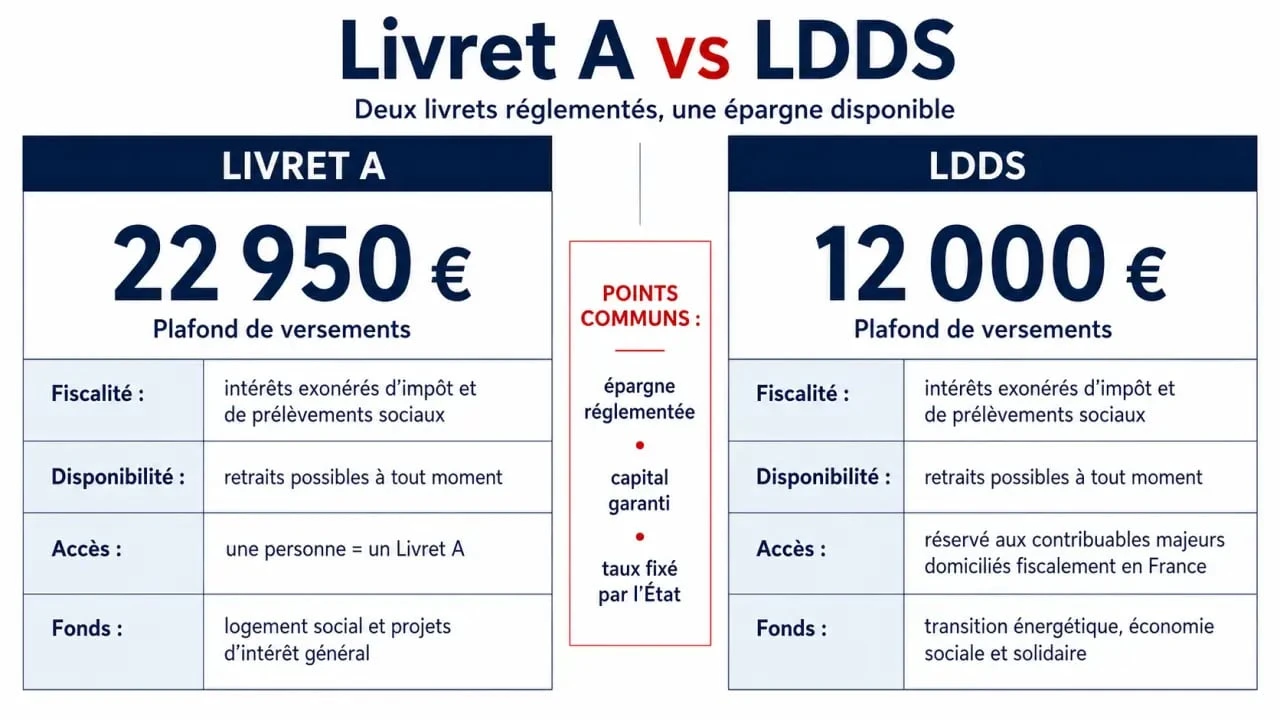 Livret A ou LDDS : le bon ordre pour épargner, du plafond aux alternatives 2 Livret A ou LDDS : infographie comparative des plafonds, fiscalité et conditions