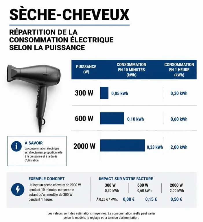 Infographie comparative de la consommation électrique d'un sèche-cheveux selon sa puissance