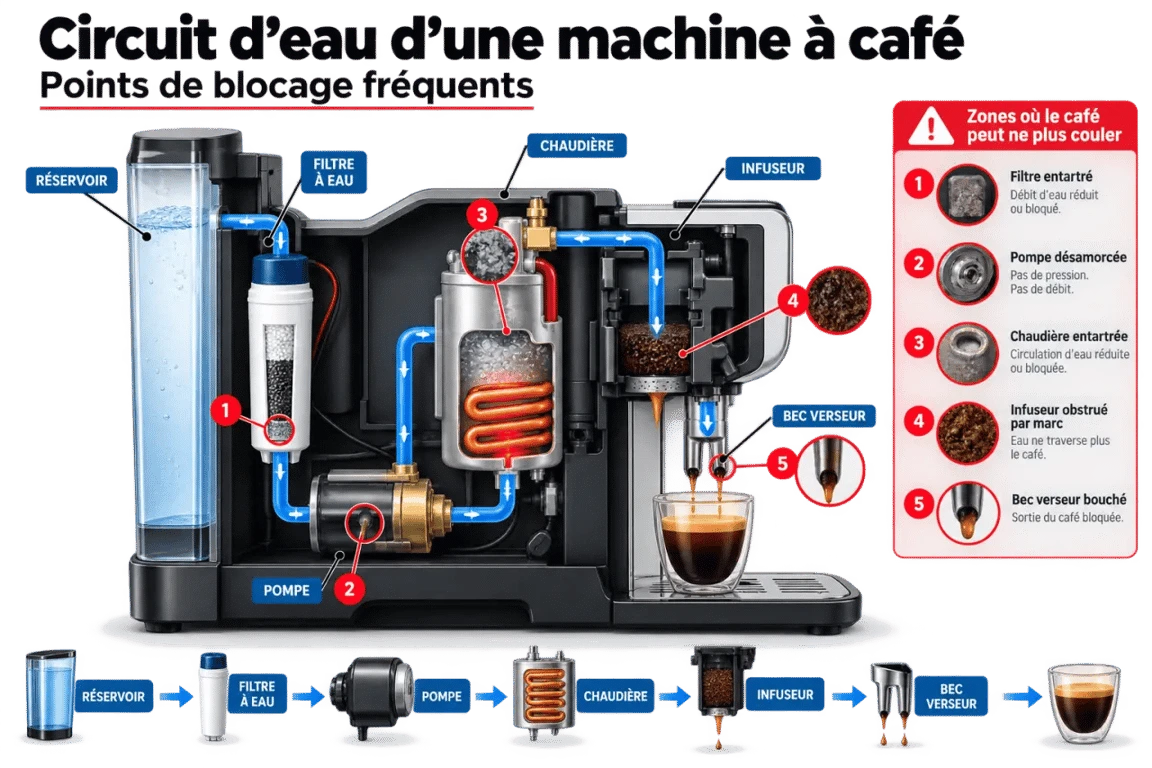 Schéma du problème machine à café Delonghi : le café ne coule plus
