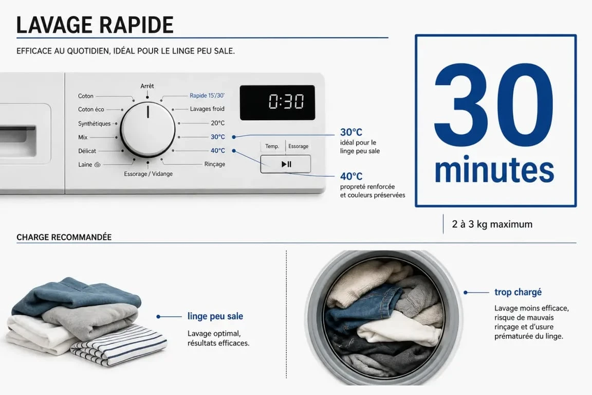 30 minutes, 30°C ou 40°C : ce que lave vraiment un programme rapide 2 Lavage rapide 30 minutes quelle température : 30°C ou 40°C sur un lave-linge, avec charge recommandée de 2 à 3 kg maximum
