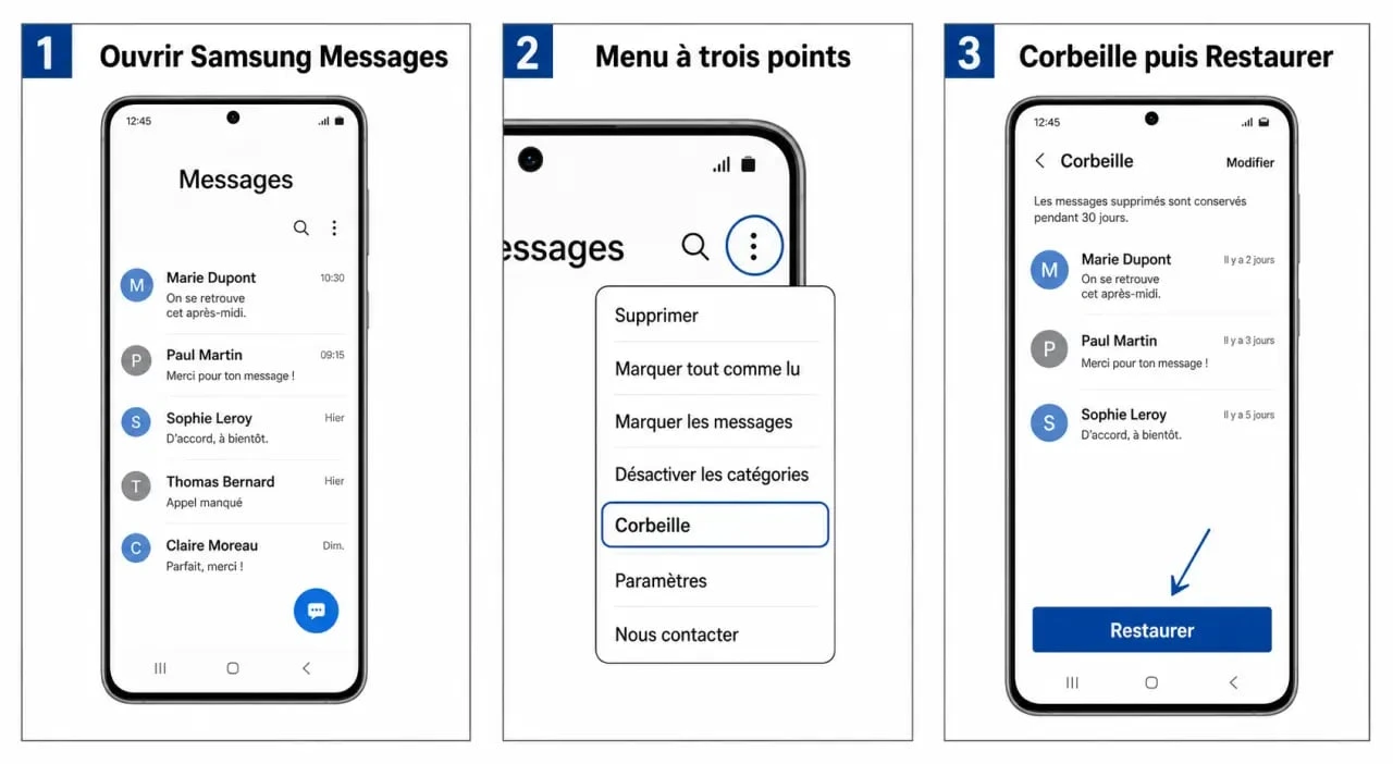Récupérer des SMS supprimés sur Samsung, entre corbeille de 30 jours, sauvegarde Cloud et logiciel tiers 2 Comment récupérer des sms supprimés sur Samsung : séquence visuelle des étapes dans Samsung Messages, de la Corbeille à la restauration