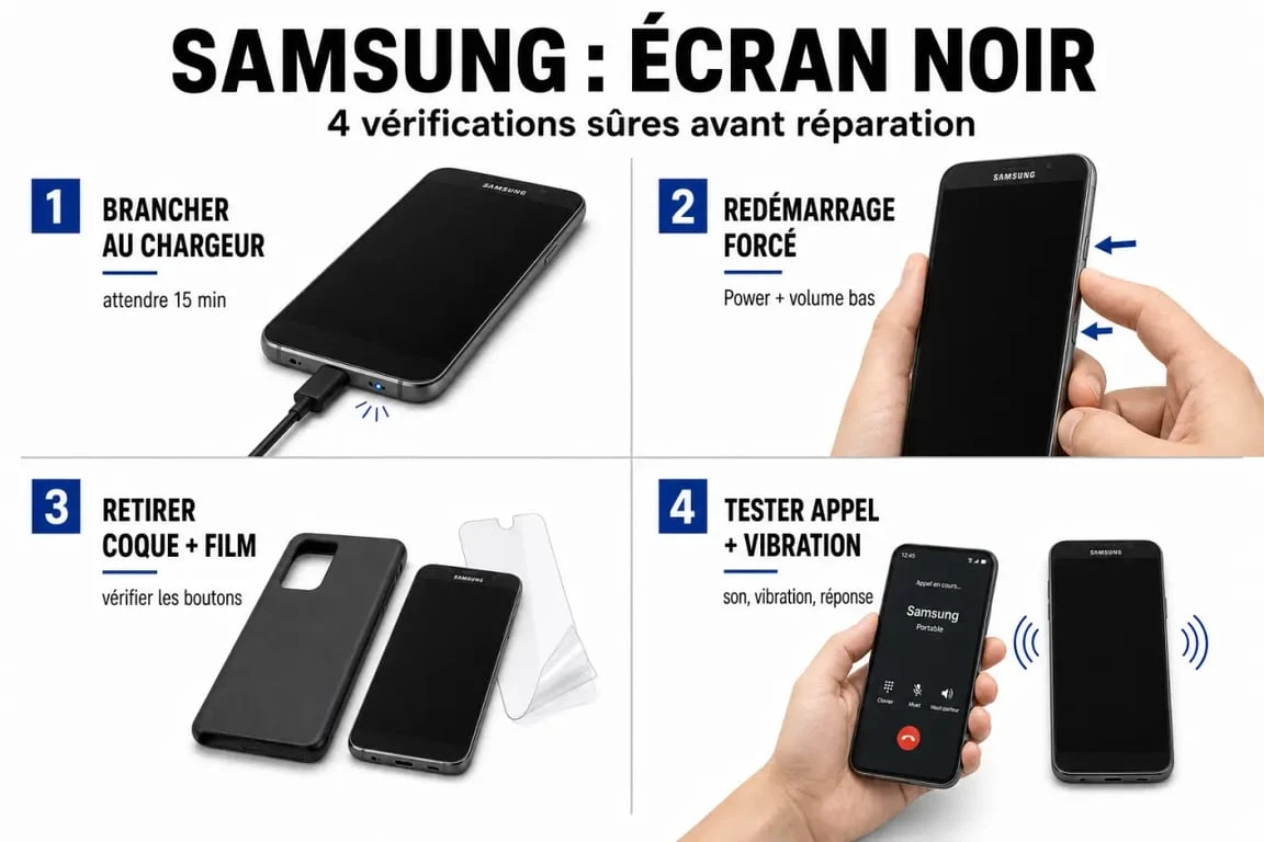 Mon téléphone s'allume mais l'écran reste noir Samsung : schéma des vérifications rapides