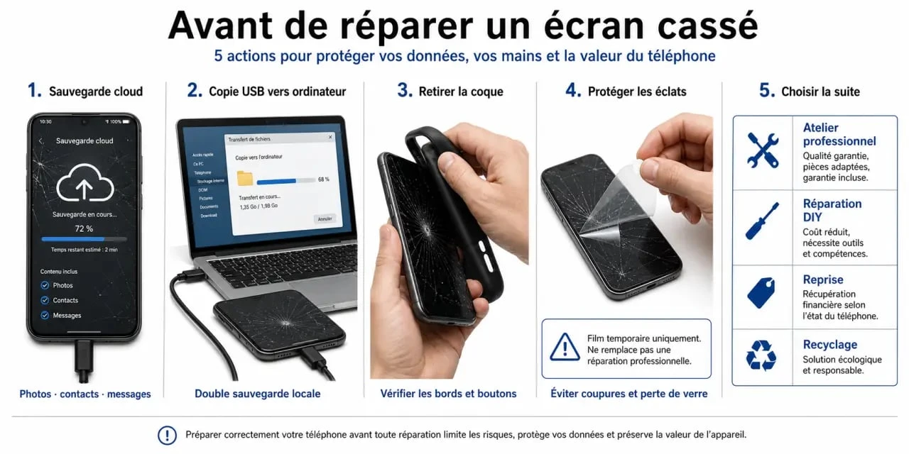 Comment réparer un écran de téléphone cassé : étapes de préparation avec sauvegarde, diagnostic et choix entre réparation, reprise ou recyclage