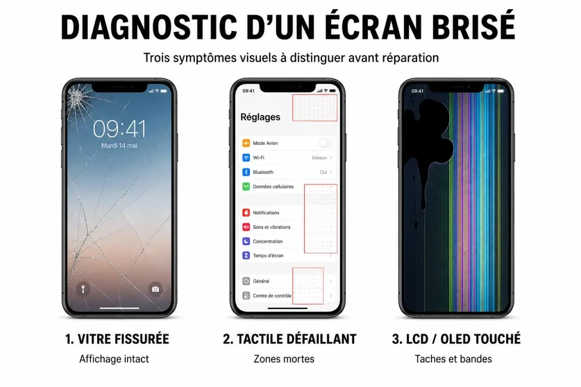 Comment réparer un écran de téléphone cassé : diagnostic visuel entre vitre fissurée, tactile endommagé et dalle LCD/OLED touchée