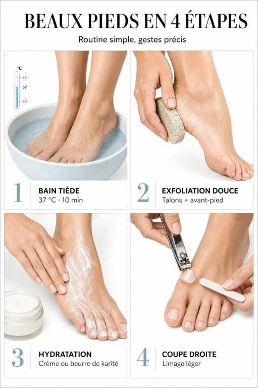 Comment avoir de beaux pieds : routine en quatre étapes avec bain tiède, gommage doux, hydratation et coupe des ongles