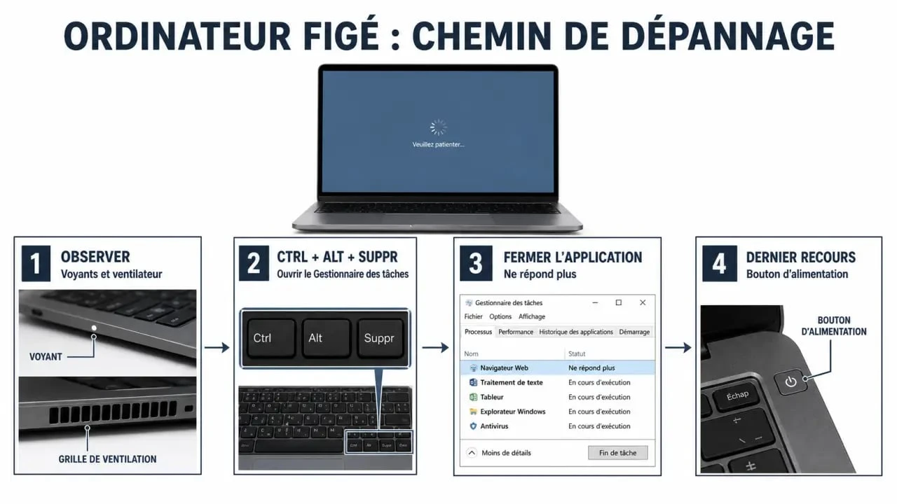 Débloquer un ordi : schéma de dépannage d’un PC figé avec les étapes à suivre