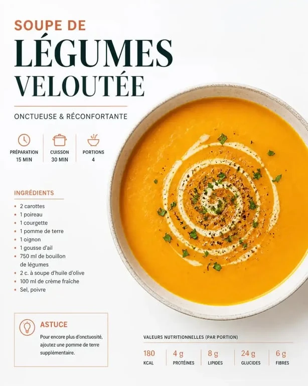 Soupe de légumes onctueuse réalisée sans mixeur