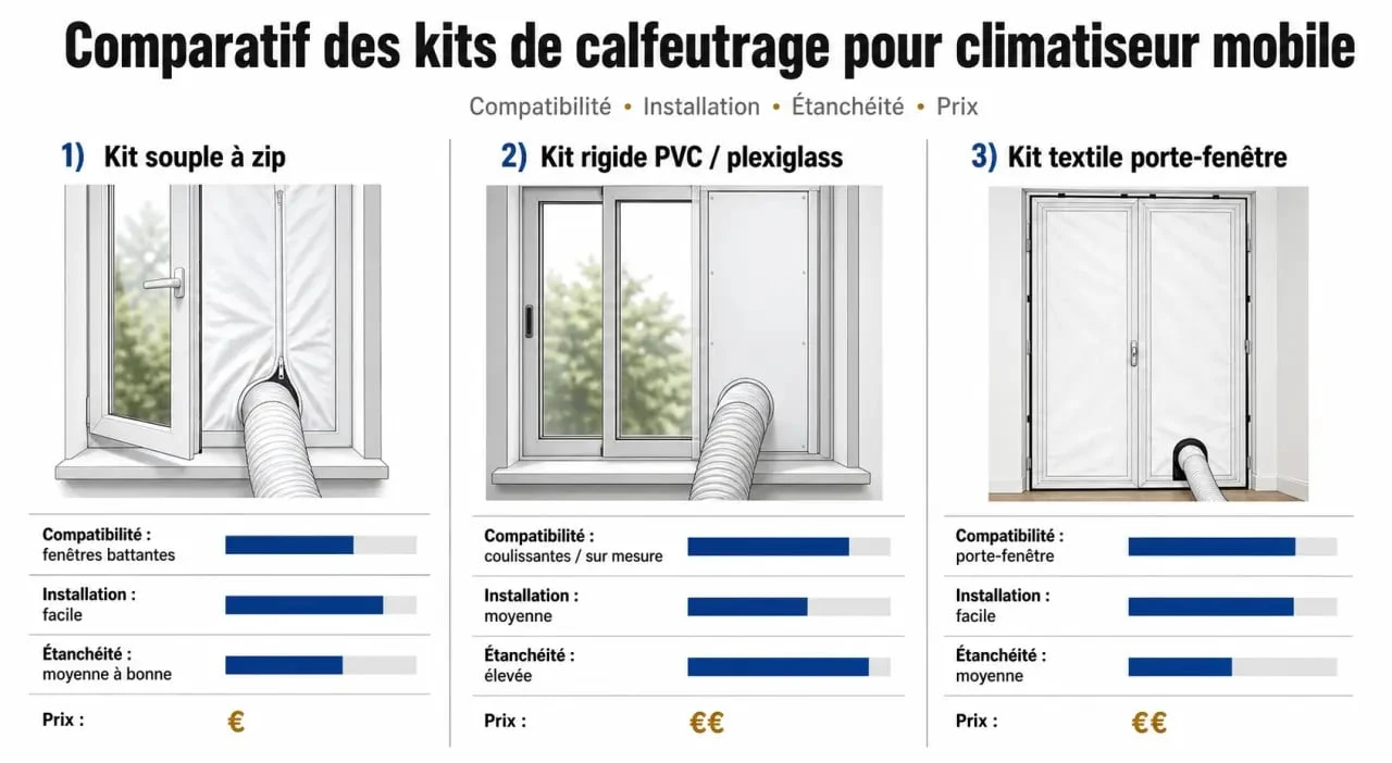 Meilleur kit calfeutrage pour climatiseur mobile : comparatif visuel des kits souple, rigide et porte-fenêtre