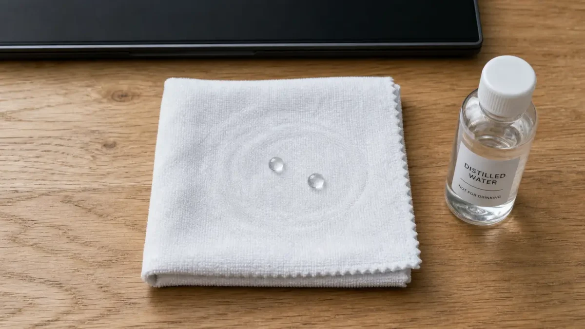 Nettoyage ecran ordinateur : chiffon microfibre et eau distillée
