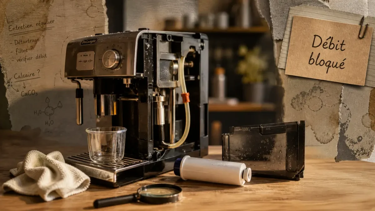 Problème machine à café Delonghi : le café ne coule plus, réservoir et filtre sortis, débit bloqué