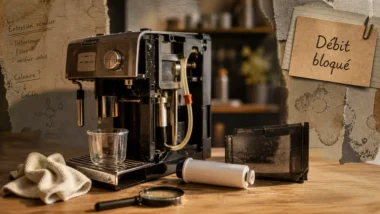 Problème machine à café Delonghi : le café ne coule plus, réservoir et filtre sortis, débit bloqué