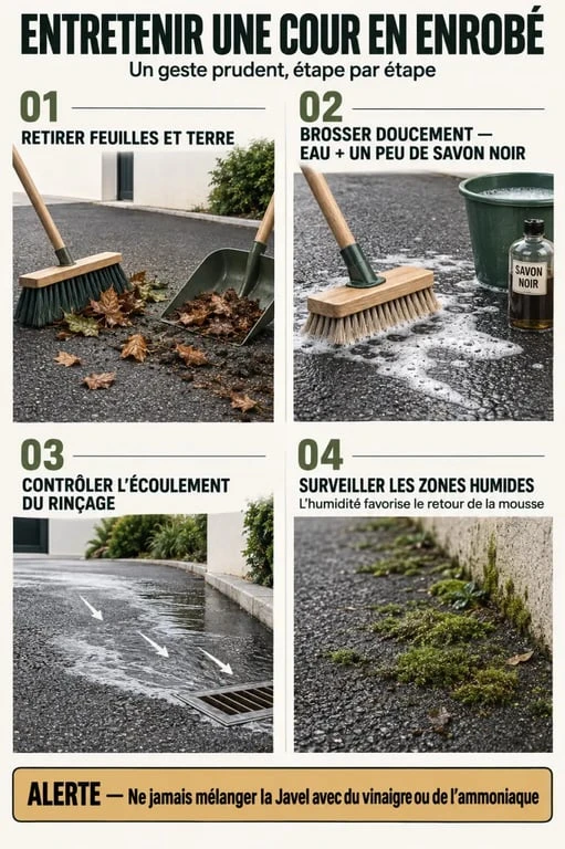 Entretien d’un enrobé sans eau de Javel avec brossage doux et rinçage maîtrisé