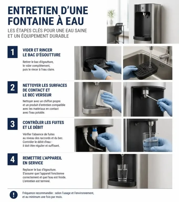 Étapes pratiques de l’entretien fontaine à eau dans un bureau