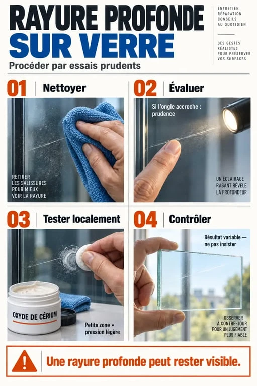 Une rayure profonde sur du verre se polit parfois, mais rarement sans limites 2 Étapes pour enlever une rayure profonde sur du verre avec nettoyage, test et polissage