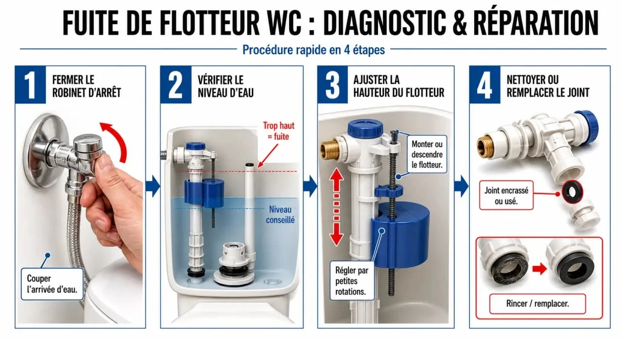 Diagnostic pas à pas d'une fuite flotteur wc sur un WC