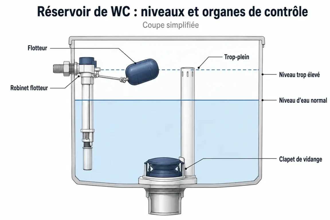 Schéma de fuite flotteur wc dans un réservoir de WC