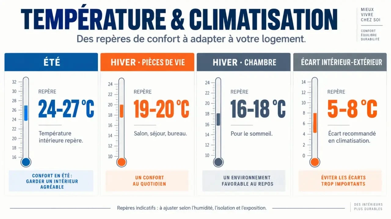 Tableau température climatisation avec repères selon la pièce, la saison et l’écart avec l’extérieur