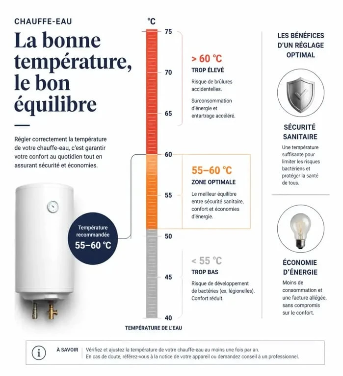 Schéma de réglage de la température idéale pour un ballon d'eau chaude entre 55 et 60 degrés.