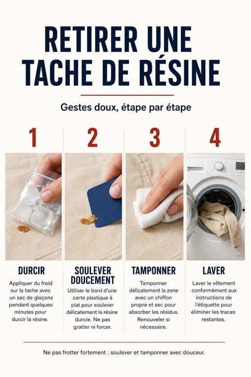 Enlever une tache de résine sans l’étaler : la méthode adaptée à chaque support 2 Étapes pour enlever des taches de résine sur un vêtement avec glaçons et chiffon
