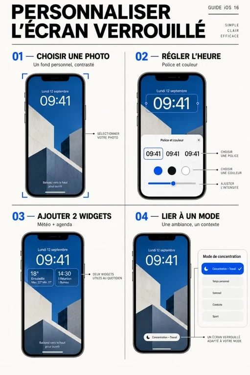 Quelles astuces iOS 16 pour personnaliser l’iPhone, gagner du temps et protéger ses données ? 2 Astuces iOS 16 pour personnaliser l’écran verrouillé et associer un mode de concentration