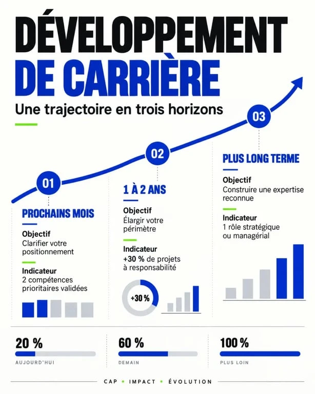 Le développement de carrière masculine se prépare avant la promotion 2 Infographie sur le développement de carrière masculine en trois horizons de progression