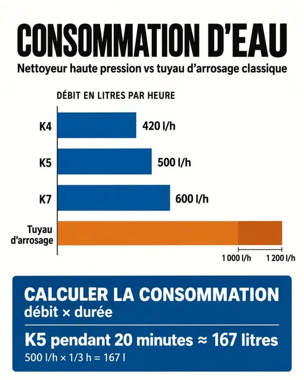 Infographie sur la consommation d’eau d’un Kärcher K4, K5, K7 et d’un tuyau d’arrosage