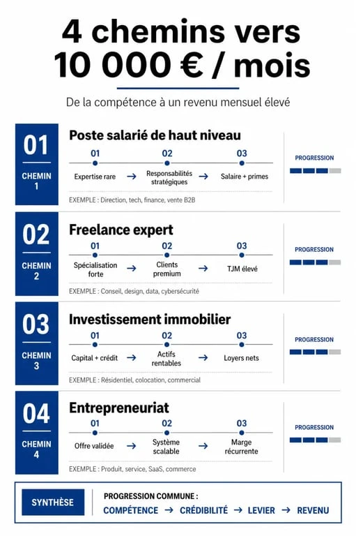 10 000 euros par mois : métiers, prérequis et pièges à éviter 2 Infographie des différentes voies pour gagner 10000 euros par mois