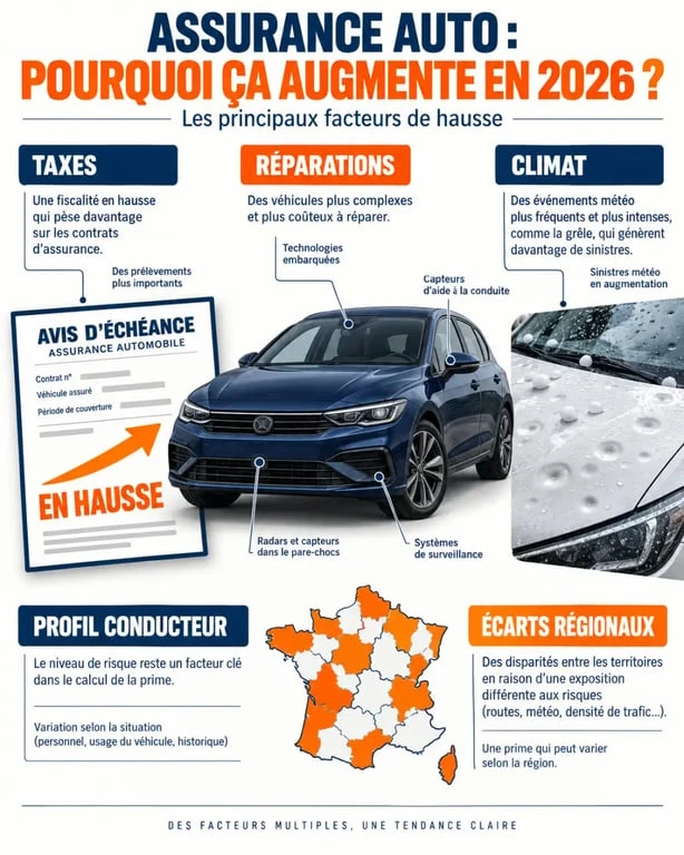 Infographie sur l’augmentation assurance auto 2026 et les facteurs qui font varier la prime